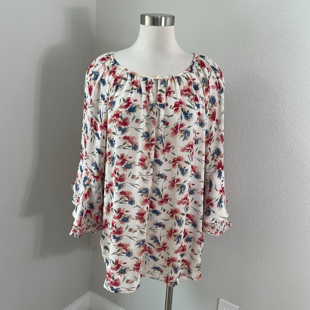 Chaps‎ Womens XL Floral Bell Sleeve Boho Top Blouse Spring Lightweight Shirt Top